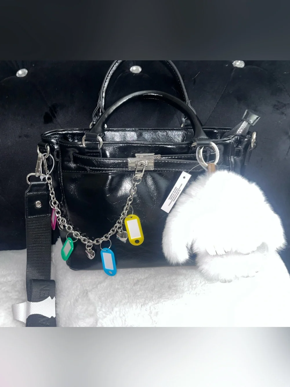 Black Patent Crossbody Bag with Fur Pom Charm